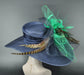 Navy Kentucky Derby Hat: Green Feather & Peacock Jumbo Bow Sinamay Wide Brim