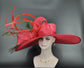 Red Sinamay Kentucky Derby Hat: Royal Ascot Wide Brim Feathered Hat
