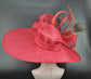 Red Sinamay Kentucky Derby Hat: Royal Ascot Wide Brim Feathered Hat