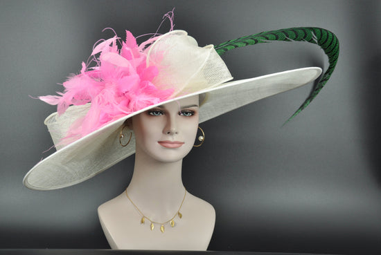 Wide Brim Kentucky Derby Hat: Ivory Sinamay with Pink Feather Flower