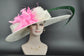 Wide Brim Kentucky Derby Hat: Ivory Sinamay with Pink Feather Flower