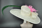Wide Brim Kentucky Derby Hat: Ivory Sinamay with Pink Feather Flower