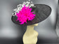 Sinamay Kentucky Derby Hat: Black Fascinator with White & Fuchsia Feathers