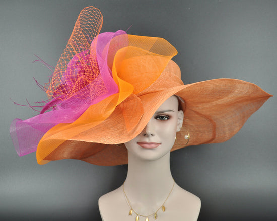 Orange Red Purple Wide Brim Kentucky Derby Hat, Ascot Hat for Wedding & Tea Party, Garden Party Hat, Mother of the Bride, Church