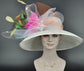 Church Kentucky Derby Hat Wide Brim Sinamay Hat Carriage Tea Party Wedding  Off White/Ivory with Colorful Feather Flower Peacock Feathers