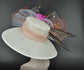 Church Kentucky Derby Hat Wide Brim Sinamay Hat Carriage Tea Party Wedding  Off White/Ivory with Colorful Feather Flower Peacock Feathers