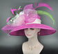Wide Brim Sinamay Derby Hat: Hot Pink Feather Flower Church Hat