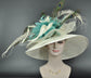 Wide Brim Sinamay Derby Hat: Ivory, Turquoise Feather & Peacock