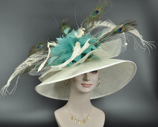 Wide Brim Sinamay Derby Hat: Ivory, Turquoise Feather & Peacock