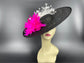 Sinamay Kentucky Derby Hat: Black Fascinator with White & Fuchsia Feathers