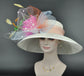 Church Kentucky Derby Hat Wide Brim Sinamay Hat Carriage Tea Party Wedding  Off White/Ivory with Colorful Feather Flower Peacock Feathers