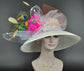 Church Kentucky Derby Hat Wide Brim Sinamay Hat Carriage Tea Party Wedding  Off White/Ivory with Colorful Feather Flower Peacock Feathers