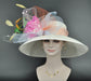Church Kentucky Derby Hat Wide Brim Sinamay Hat Carriage Tea Party Wedding  Off White/Ivory with Colorful Feather Flower Peacock Feathers