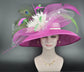 Wide Brim Sinamay Derby Hat: Hot Pink Feather Flower Church Hat