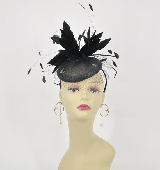 Black Sinamay Feather Fascinator: DerbyTea Party Headband