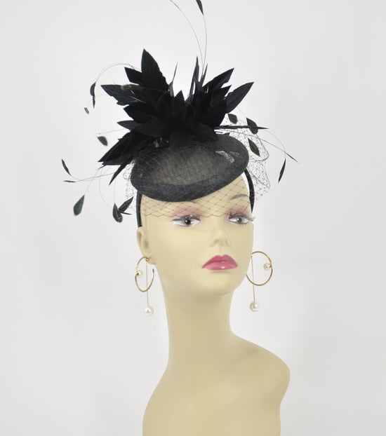 Black Sinamay Feather Fascinator: Kentucky Derby Tea Party Headband