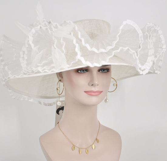 White Sinamay Kentucky Derby Hat: Feather Flower Tea Party Hat