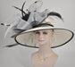 White w Black Jumbo Bows Feather Flower Wide Brim DerbyParty Hat