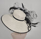 White w Black Jumbo Bows Feather Flower Wide Brim DerbyParty Hat