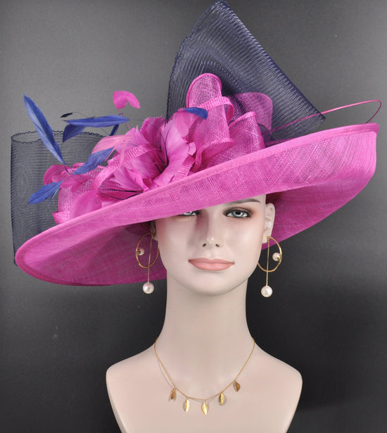 Fuschia Sinamay Derby Hat: Wide Brim Feather Ascot Hat