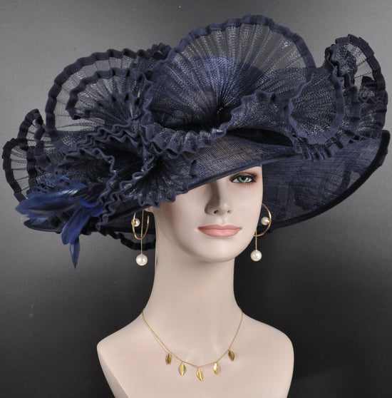 Navy Blue Sinamay Kentucky Derby Hat: Wide Brim Royal Ascot Hat
