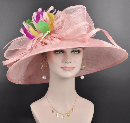 Blush Pink Kentucky Derby Hat: Feather Flower Sinamay Wide Brim