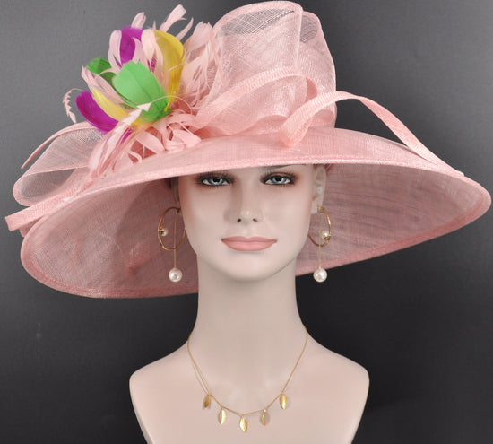 Blush Pink Derby Hat: Feather Flower Sinamay Wide Brim