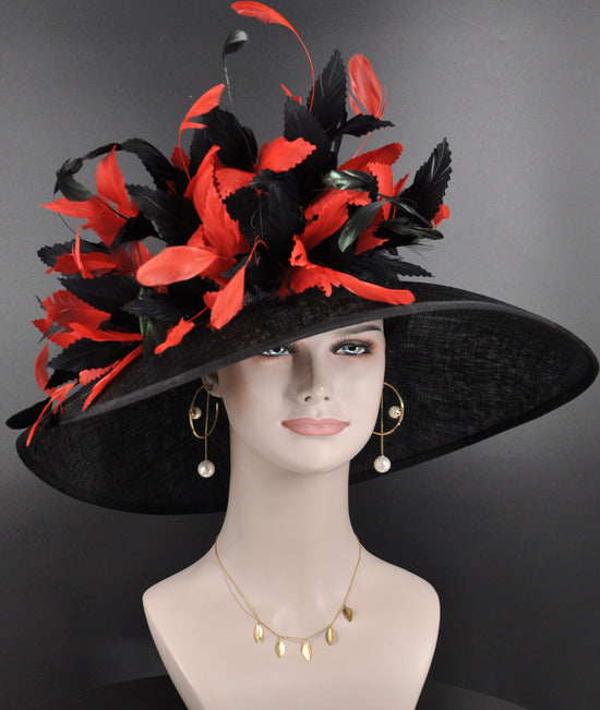 Sinamay Derby Hat: Black Wide Brim with Red Goose Flowers