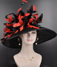 Sinamay Derby Hat: Black Wide Brim with Red Goose Flowers