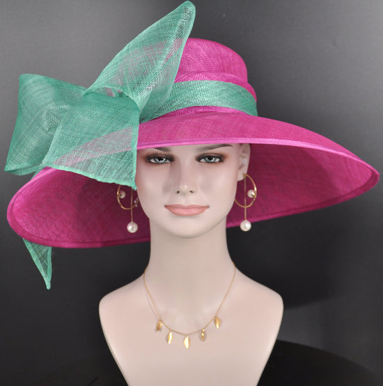 Sinamay Kentucky Derby Hat: Hot Pink Wide Brim with Turquoise Bow