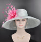 Powder Blue w Fuchsia Hot Pink  Pink Feather Flower Kentucky Derby Hat Tea Party Carriage Party  Royal AscotWide Brim  Sinamay Hat