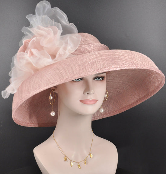 Audrey Hepburn Style Dome Hat Kentucky Derby Hat Tea Party Carriage Wide Brim Sinamay Hat Blush( dusty ) Pink