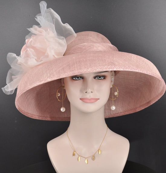 Blush Pink Sinamay Derby Hat, Wide Brim Silk Flower