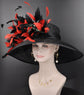 Sinamay Derby Hat: Black Wide Brim with Red Goose Flowers