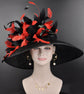 Sinamay Derby Hat: Black Wide Brim with Red Goose Flowers