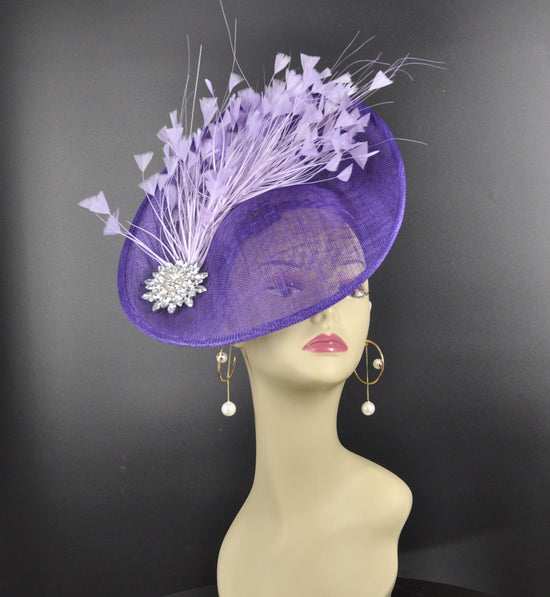 Purple Sinamay Fascinator Hat: Lavender Feather Flower, Rhinestone Derby Hat