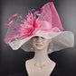 Sinamay Kentucky Derby Hat: White Wide Brim with Pink Feather Flower