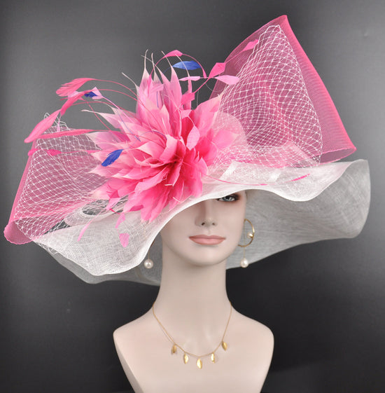 Sinamay Derby Hat: White Wide Brim with Pink Feather Flower