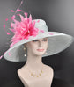 Powder Blue w Fuchsia Hot Pink  Pink Feather Flower Kentucky Derby Hat Tea Party Carriage Party  Royal AscotWide Brim  Sinamay Hat