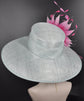 Powder Blue w Fuchsia Hot Pink  Pink Feather Flower Kentucky Derby Hat Tea Party Carriage Party  Royal AscotWide Brim  Sinamay Hat