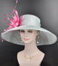 Powder Blue w Fuchsia Hot Pink  Pink Feather Flower Kentucky Derby Hat Tea Party Carriage Party  Royal AscotWide Brim  Sinamay Hat