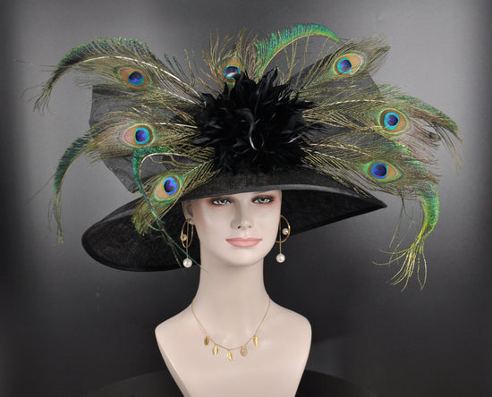 Black Sinamay Kentucky Derby Hat: Peacock Feather Church Wedding Hat