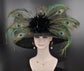 Black Sinamay Kentucky Derby Hat: Peacock Feather Church Wedding Hat