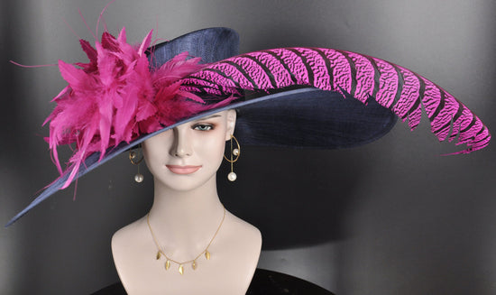 Navy Kentucky Derby Hat, Magenta Feather & Pheasant Tail Wide Brim Sinamay Hat