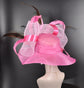 Pink Sinamay Derby Hat: Peacock Feathers, Wide Brim