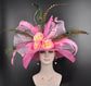 Pink Sinamay Derby Hat: Peacock Feathers, Wide Brim