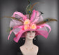 Pink Sinamay Derby Hat: Peacock Feathers, Wide Brim