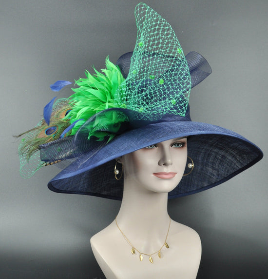 Navy Blue Sinamay Kentucky Derby Hat: Green Flower & Peacock Feathers