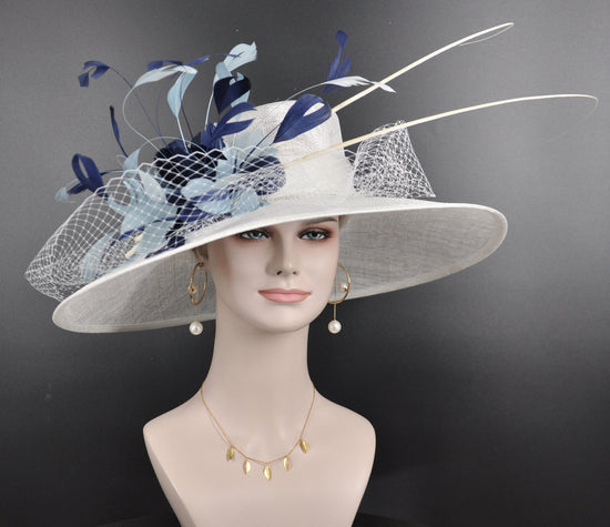 White Navy Blue Powder Blue Wide Brim Sinamay Hat For Kentucky Derby, Ascot Royal, Mother Of The Bride, Tea&Garden Party,Church, Wedding