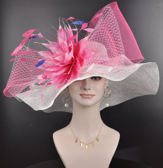 Sinamay Kentucky Derby Hat: White Wide Brim with Pink Feather Flower